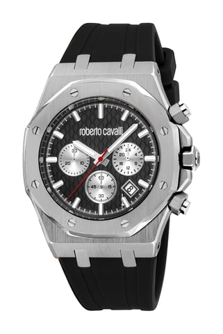 ROBERTO CAVALLI Herenhorloge, kast in zilverkleur, zwarte wijzerplaat, zwart siliconen bandje, chronograaf, 3 ATM