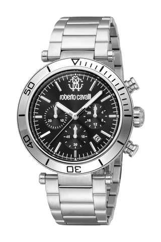 ROBERTO CAVALLI Herenhorloge, kast in zilverkleur, zwarte wijzerplaat, metalen armband van roestvrij staal, chronograaf, 10 ATM