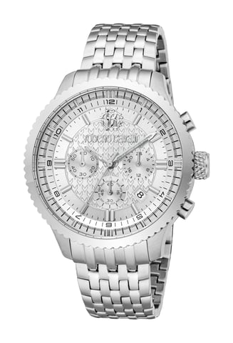 ROBERTO CAVALLI Herenhorloge, zilverkleurige kast, zilverkleurige wijzerplaat, metalen armband van roestvrij staal, chronograaf, 10 ATM