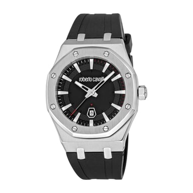 ROBERTO CAVALLI Herenhorloge, kast in zilverkleur, zwarte wijzerplaat, zwart siliconen bandje, 3 wijzers, datum, 3 ATM