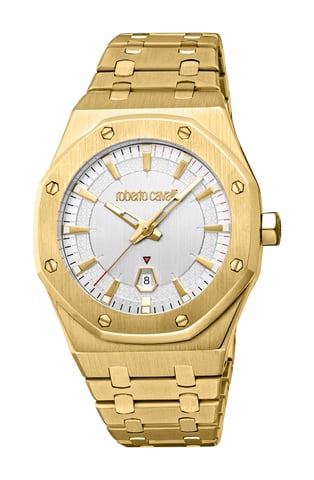 ROBERTO CAVALLI Herenhorloge, goudkleurige kast, zilveren wijzerplaat, goudkleurige metalen horlogeband, 3 wijzers, datum, 3 ATM
