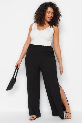 Trendyol Curve Women's Black Textured Wide Leg High Waist Plus Size Pants