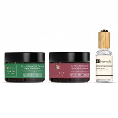 Dr. Botanicals Green Caviar & La Rose Francaise Anti-Ageing Night Moisturiser + Advanced Serum Set for Large Pores, Uneven Skin Tone