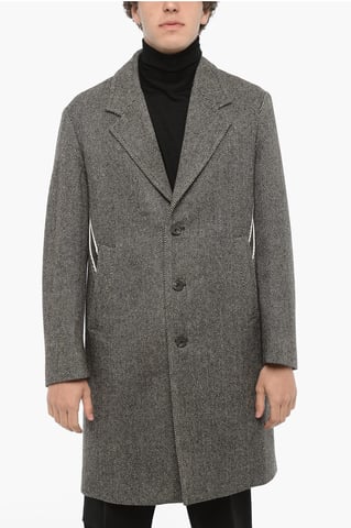 Herringbone Motif Virgin Wool Coat in Black & White