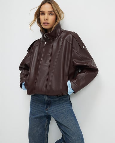 River Island Womens Jacket Brown Faux Leather Funnel Neck Batwing