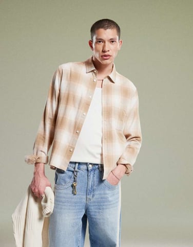 ASOS DESIGN boxy regular shirt in neutral check