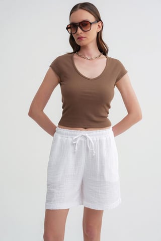 High-Waisted Textured Cotton Shorts