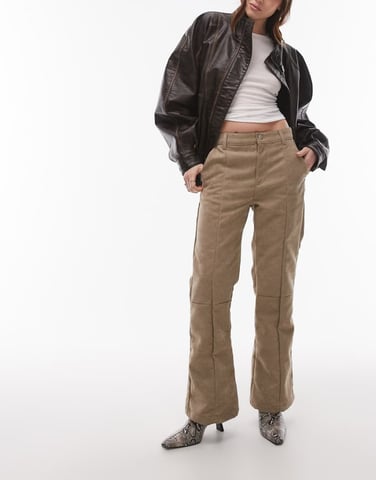 Topshop faux suede cropped kick flare trouser in light beige