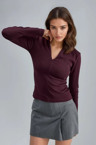 Slim Fit V-Neck Long Sleeve Blouse