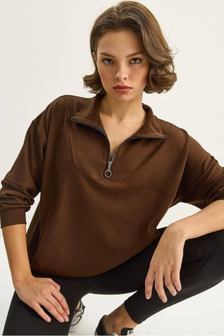 Relaxed Fit Zipper Collar Knitted Sweatshirt