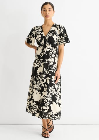 Mono V-hals viscose midi-jurk met ruches