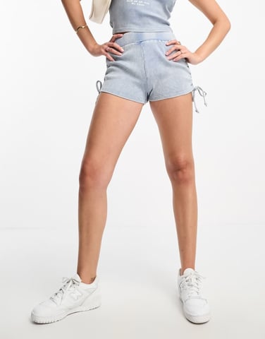 Miss Selfridge acid wash runner short with ruched side detail co-ord detail in blue