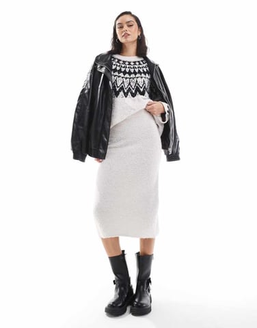 Object fluffy knitted midi skirt co-ord in cream