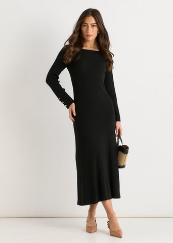 Zwarte gebreide fit & flare-jurk met halve halslijn