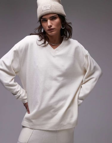 Topshop brushed v neck sweatshirt in cream