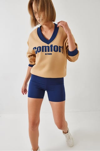 V-Neck Knit Sweatshirt with Motto Print