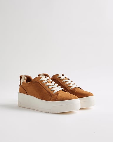 River Island Womens Flatform Trainers Brown Faux Suede Sneakers
