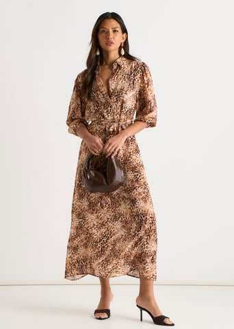 Bruine midi-jurk met dierenprint