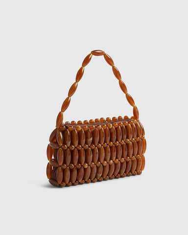 River Island Womens Clutch Bag Brown Bead Elements Zip Top Handle