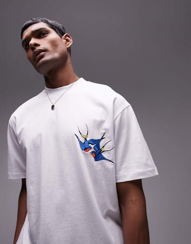 Topman relaxed fit t-shirt with tattoo swallow embroidery in white