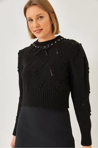 Texturerad Broderad Rundhalsad Figursydd Kort Tröja