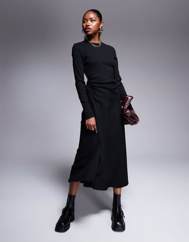 ASOS DESIGN ruched tie side rib midi dress in black