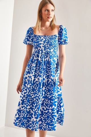 Smocked Midi Dress with Square Collar