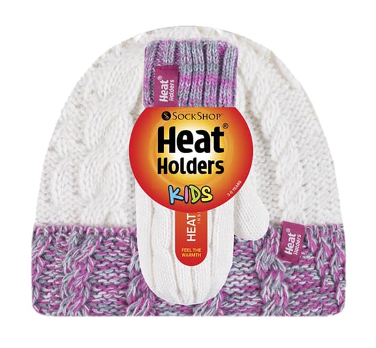 Heat Holders - Kids Girls Fleece Lined Knitted Striped Colourful Winter Thermal Hat and Mittens Set - SC2P12 - Image 2