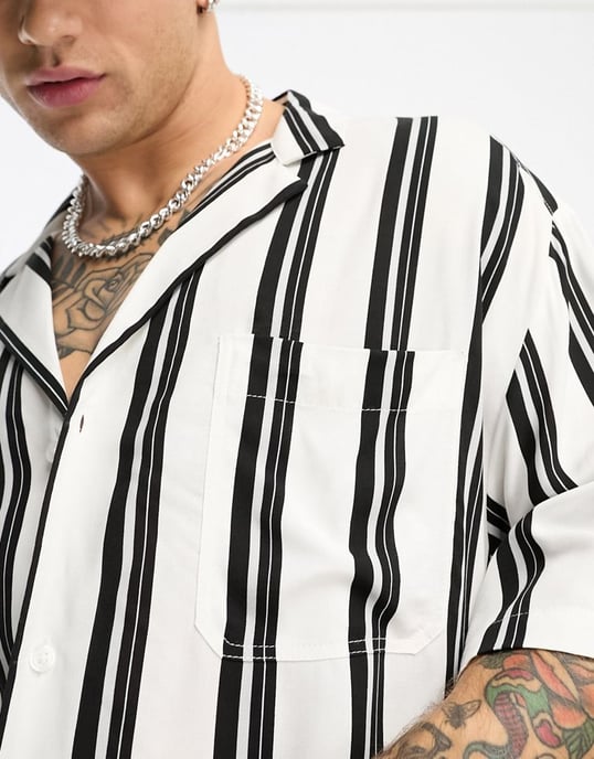 ASOS DESIGN oversized revere longline bowling shirt in black and white stripe