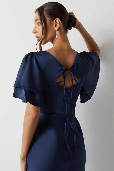 Satin Back Crepe Double Sleeve Bridesmaids Dress