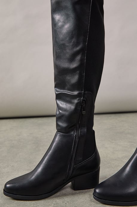 Wide Fit Hannah Elastic Back Low Heel Almond Toe Knee Boots - Image 4