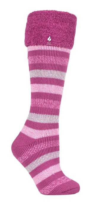 Heat Holders - Extra långa randiga Wellington-stövelstrumpor för dam / dam | Termosockor med mudd - Rosa rand - Image 1