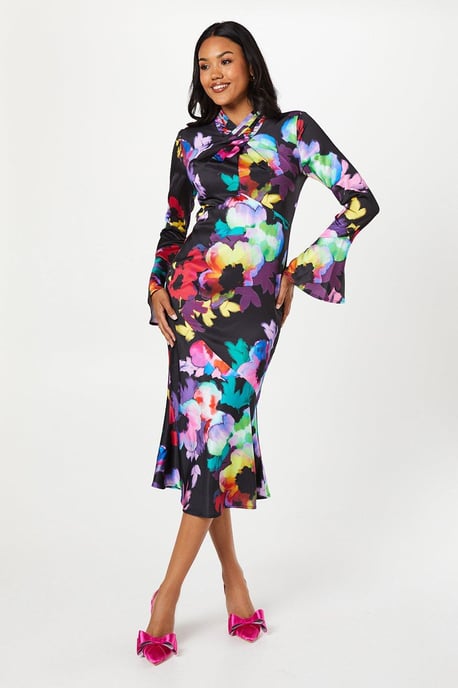 Cross Neck Flute Sleeve And Hem Midi Dress - Image 1