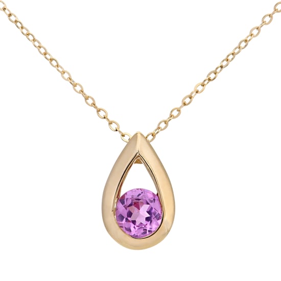 9ct Yellow Gold 0.20ct Created Pink Sapphire Tear Drop Pendant + 18" Chain - Image 1