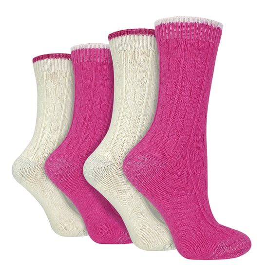4 Pack Ladies Cable Knit Socks | Wildfeet | Lurex Glitter Socks for Women - Cream/Pink - Image 1