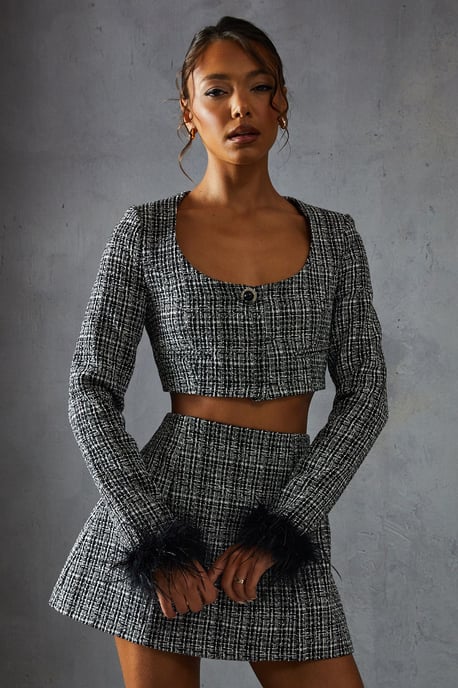 Boucle Feather Trim Cropped Jacket