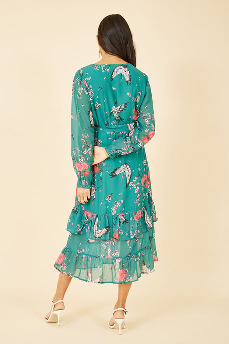 Green Crane Print Long Sleeve Wrap Midi Dress