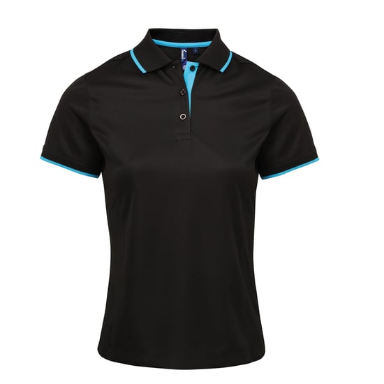 Premier Dames/dames Contrast Coolchecker Poloshirt (Zwart/Turkoois) - Image 1