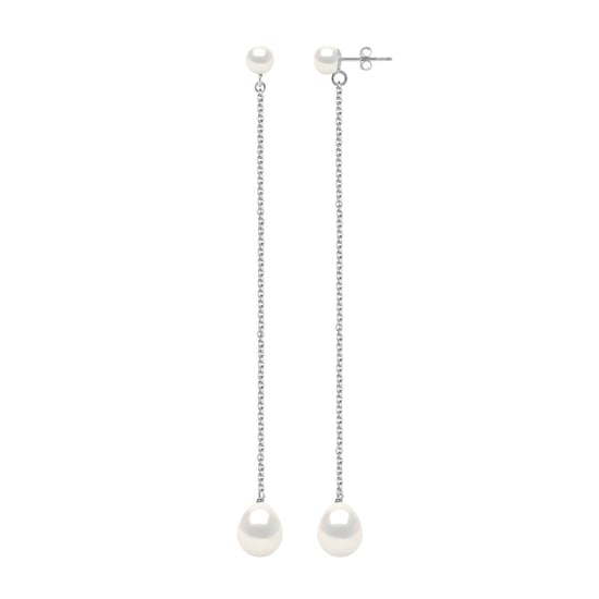 Twee Oorbellen Wit Goud - Echte Cultiveerde Zoetwaterperlen Knop 5-6 mm + Parel 8-9 mm - Image 1