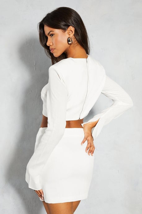 Linen Look Shoulder Pad Long Sleeve Top & Skirt Co Ord