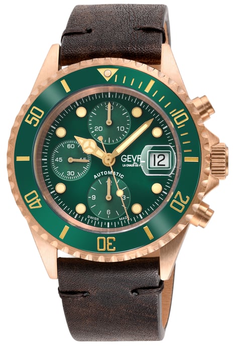 Gevril Mens Wall Street Swiss Automatic ETA 7750 Ceramic Bezel, Genuine Handmade Italian Leather Watch