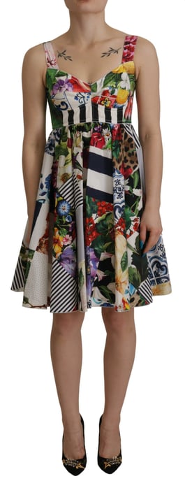 Dolce & Gabbana Multicolor Pachwork Poplin Floral A-Line Mini Flared Women's Dress - Image 1