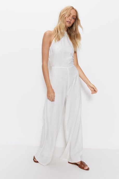 Linen Halter Neck Wide Leg Jumpsuit