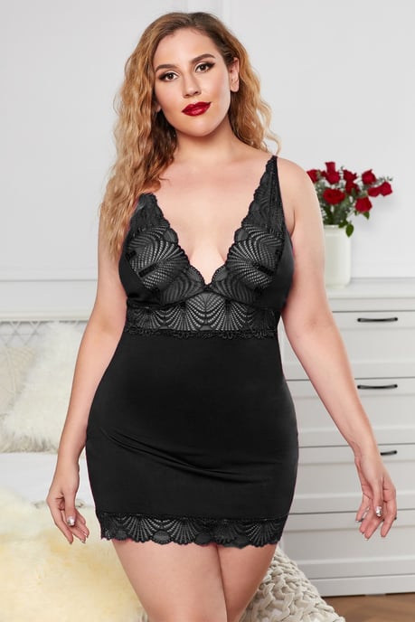 Black Lace Splicing Sexy Plus Size Lingerie - Image 1