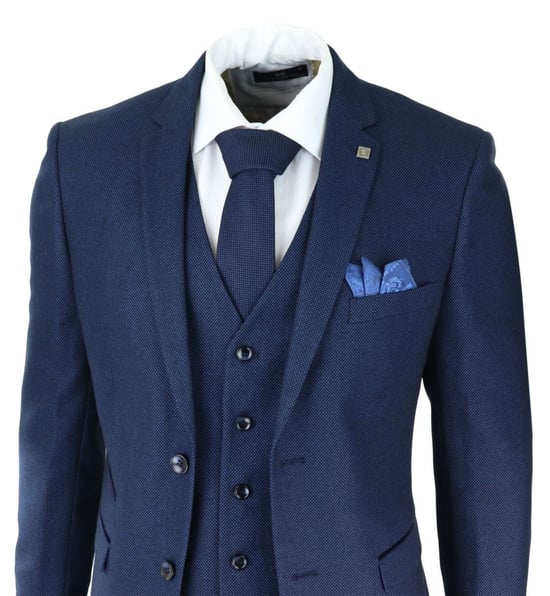 Herr 3-delad marinblå fågelöga tweed klassisk kostym - Image 6