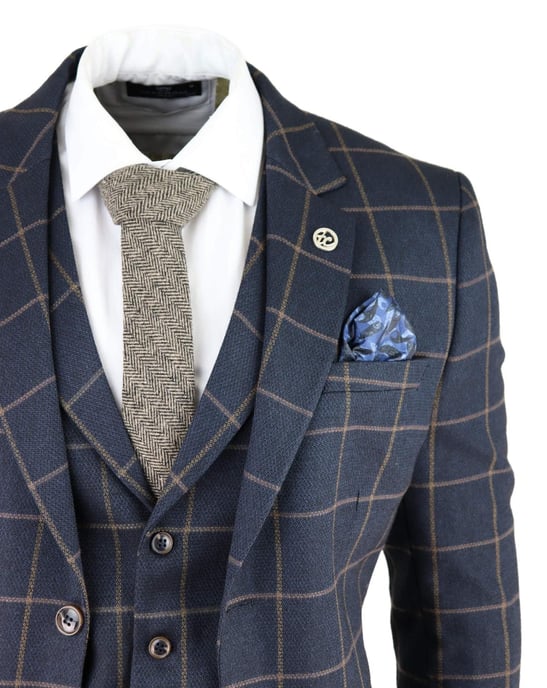 Mens Navy Blue Check 3 Piece Tweed Suit Peaky Blinders 1920s Gatsby Tailored Fit - Image 5