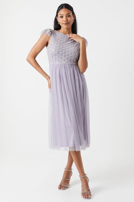 Geometric Embroidered Flutter Sleeve Bridesmaids Midi Dress