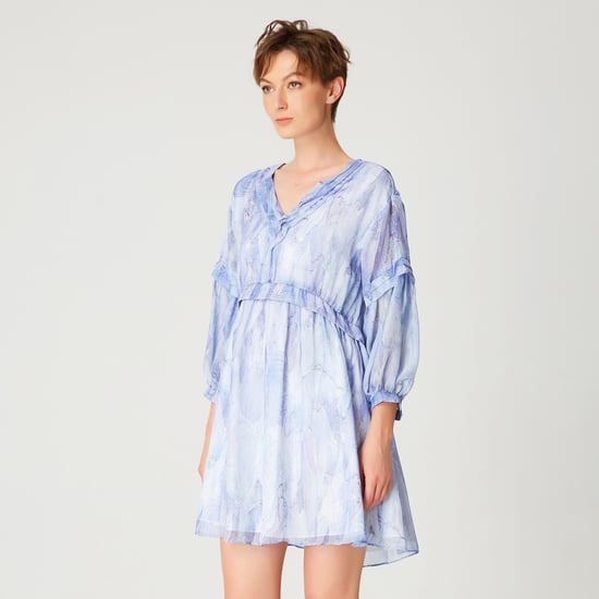 Korte trapeze chiffon jurk met abstracte print - Image 3