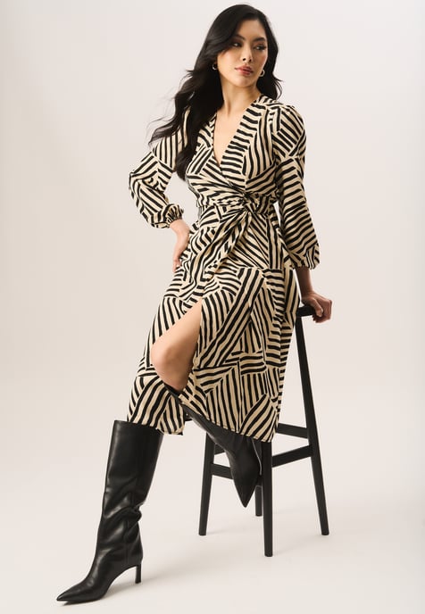 Geo Print Assymetric Hem Wrap Midi Dress