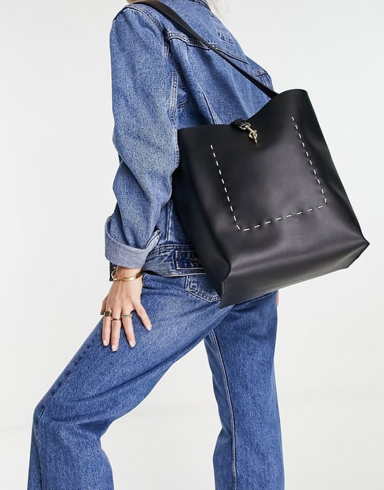 Topshop dogclip fastening PU slouch shoulder-Black